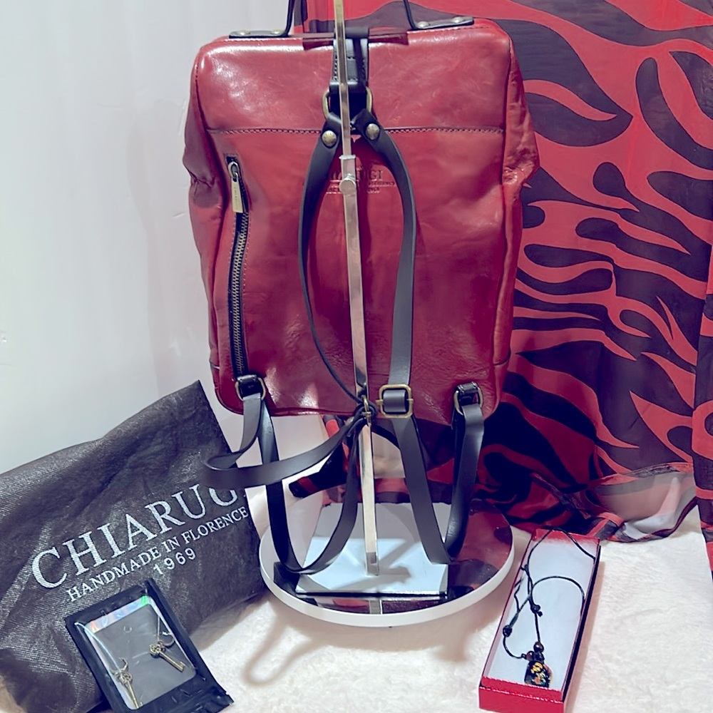 EUC Vintage Chiarugi Italian Red Genuine Leather Backpack Travel Bag You get all - Picture 9 of 17